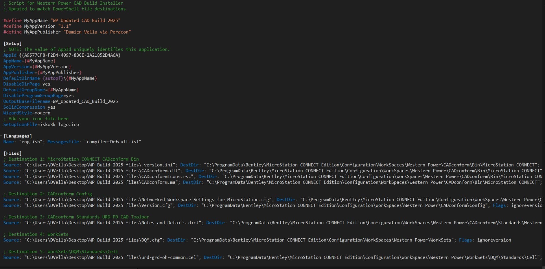 Inno Setup script code showing file destinations and configuration